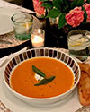 Palm heart soup With roasted red pepper pesto and parmesan crostini